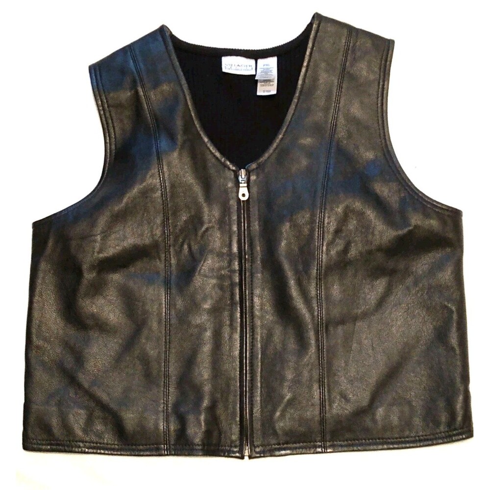 Vtg Sz XL VILLIGER By Liz C Petites 100% Leather Black Vest W/ back Fabric